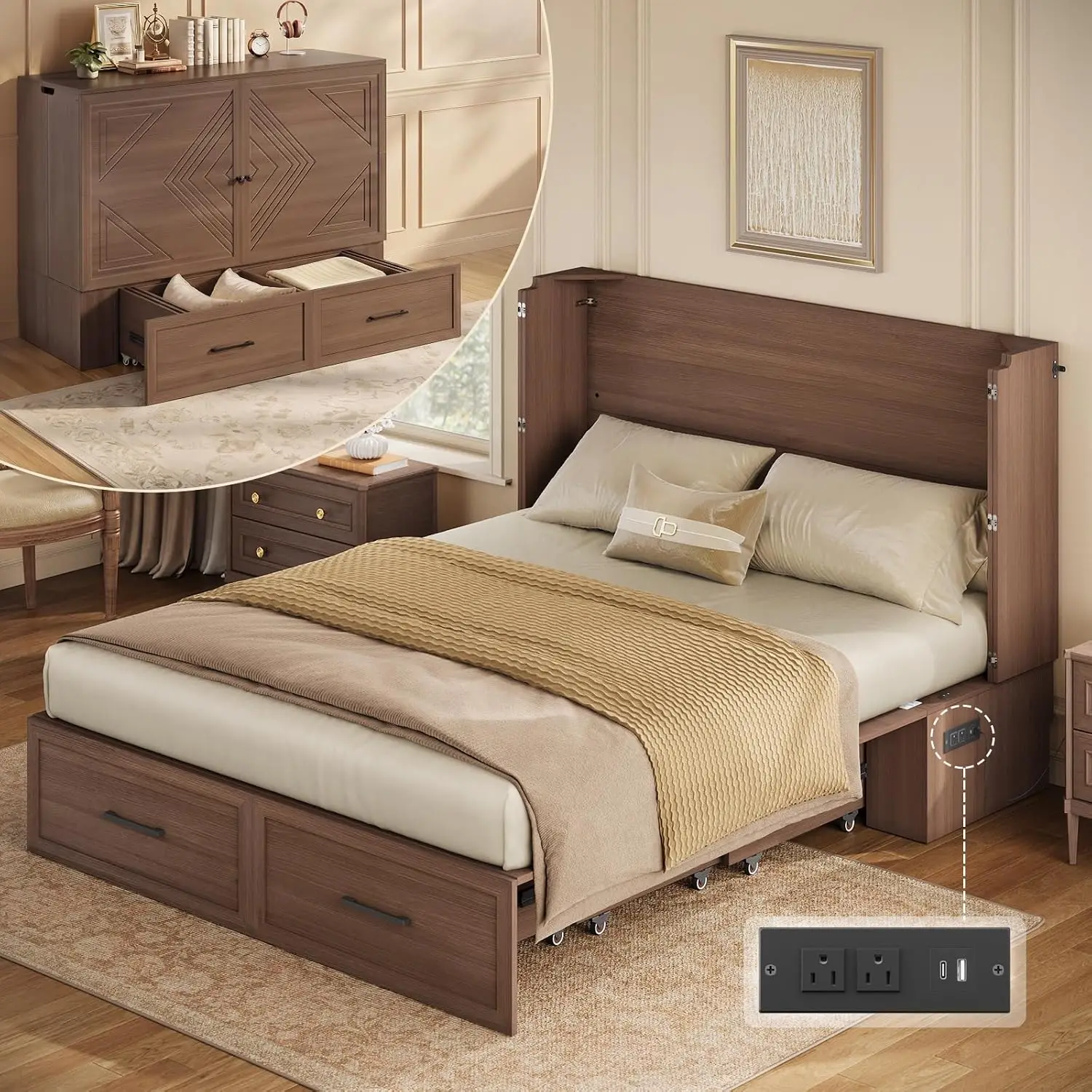 Queen Murphy Bed with Drawer & Charging Station, Storage Cabinet Bed, Space-Saving Hidden Folding Bed Chest,, Customized