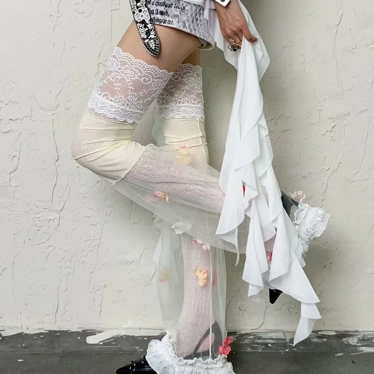 

2pcs/set Sweet Flower White Lace Knee High Socks Set Women's Y2K Ins Style Sock Covers Hollow Out Socks Flares Stacked Stockings