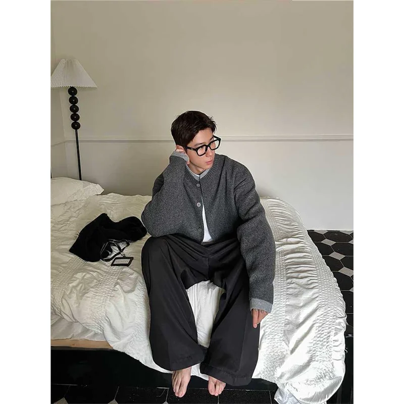 

American Sle Double Layer Collar Fake Two-Piece Open Cardigan Sweater Men's Autumn Color Blo Lazy Old Money Knitwear Ja...