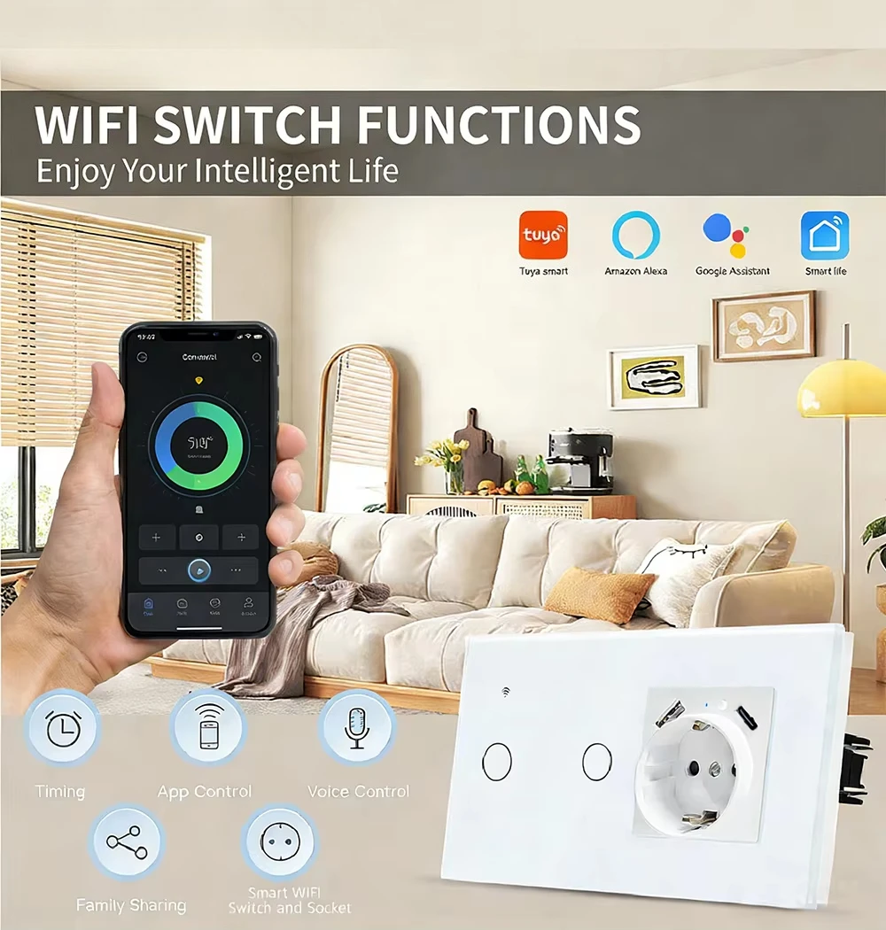 Hot Selling EU Germany Remote Control 2 Gang Switch + EU Smart Wifi Wall Switch Socket with A+C USB