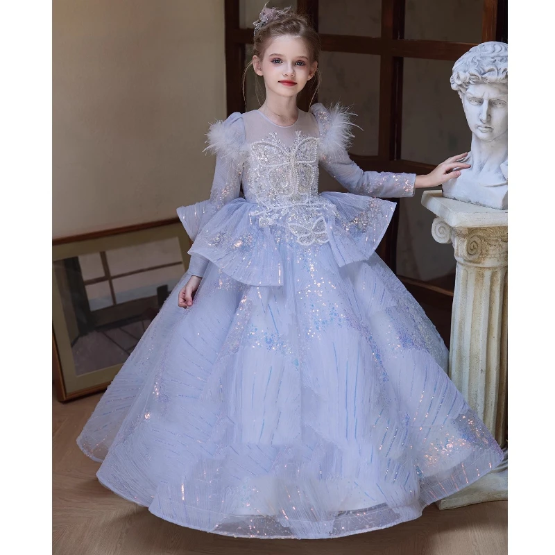 Blue Kids Girls Long Sleeve Princess Party Dress Children Puffy Piano Performance Pageant Formal Tulle Gown Fashion Show Host