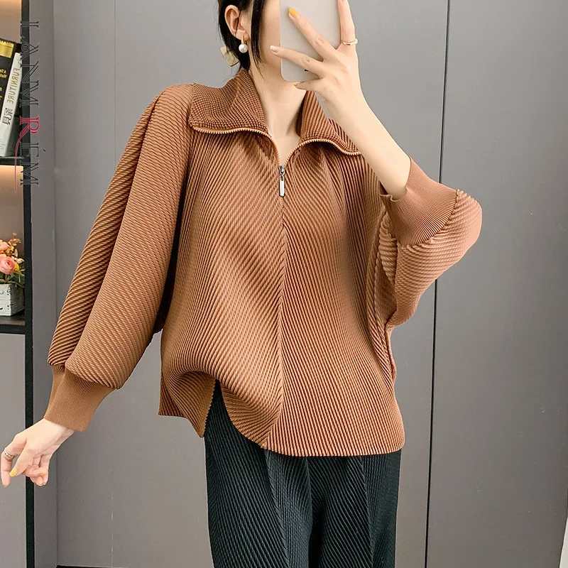 LANMREM, jersey plisado con diseño de media cremallera, camiseta para mujer, nueva moda 20225, Top de manga larga con solapa holgada y cómoda 2DB4372
