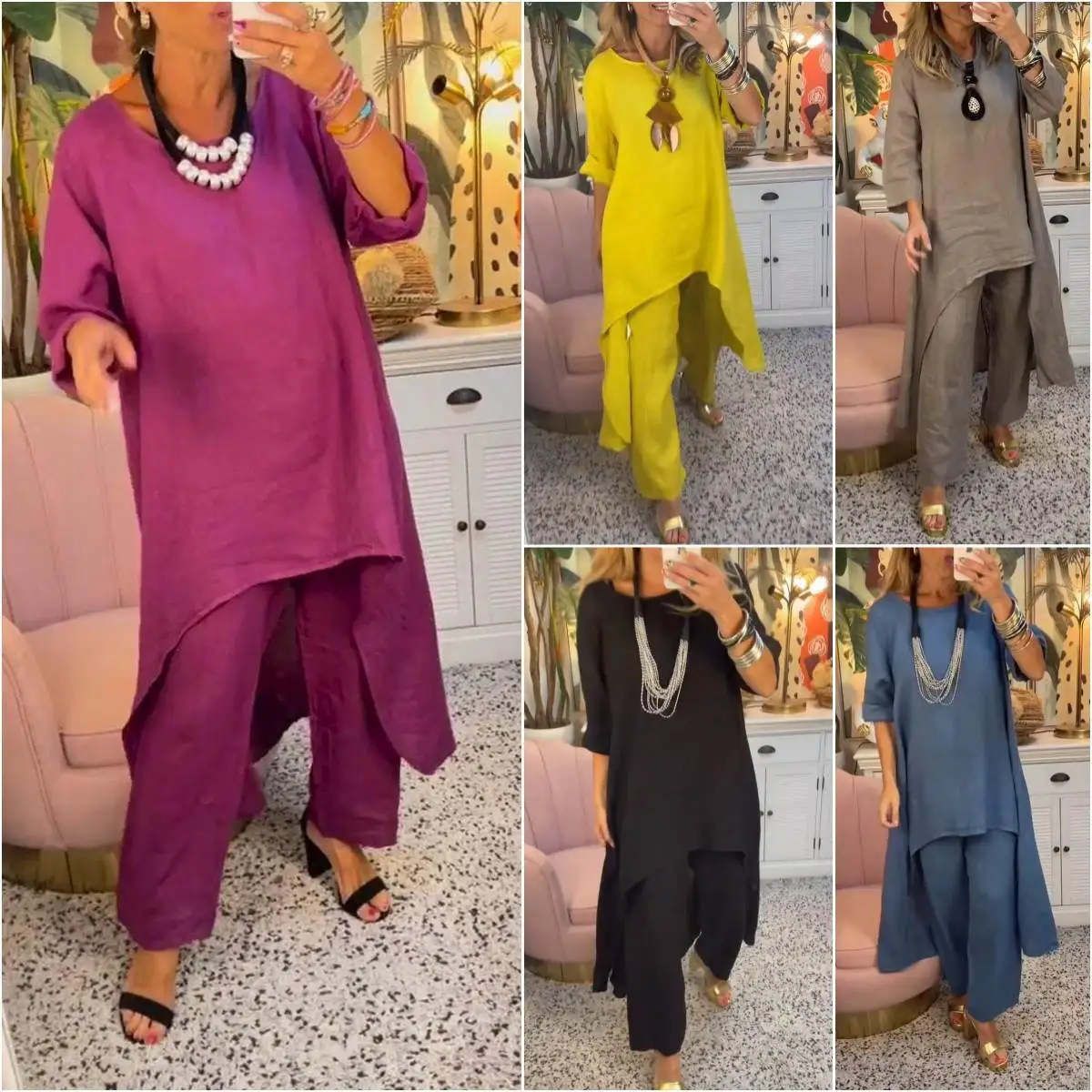 

New Summer Women's Cotton Linen Pants Set Casual Nine Points Long Sve Pure Color Asymmetrical Faionable Tee-piece Suit