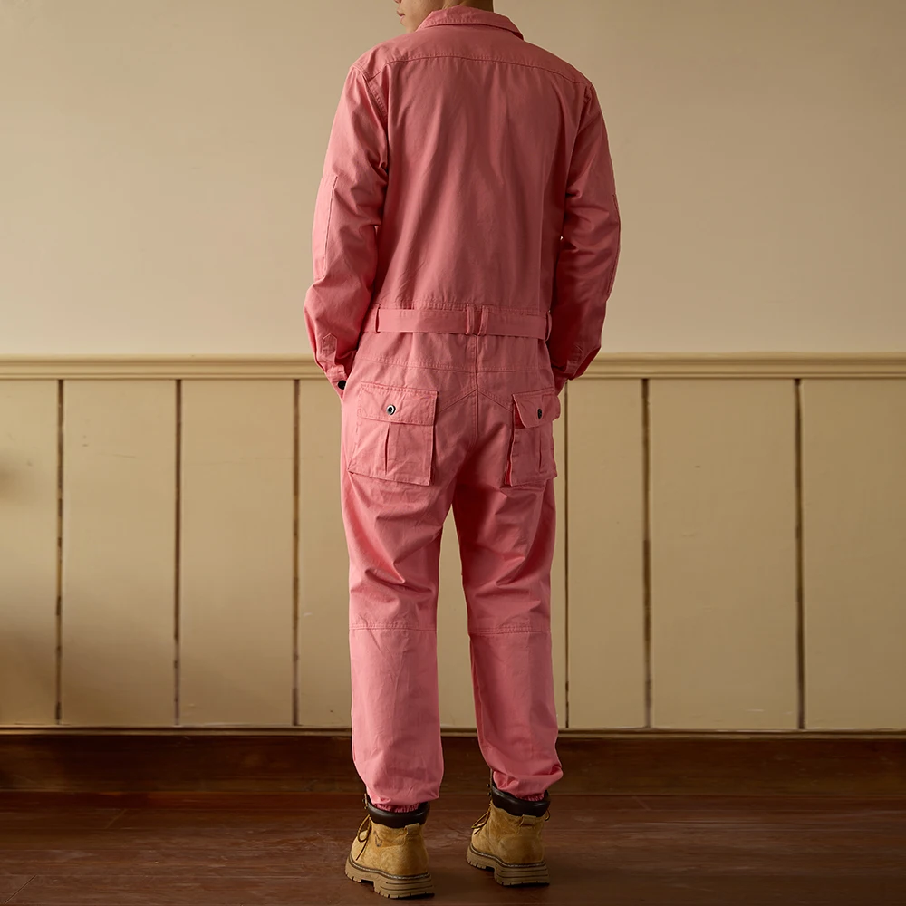 Men Pockets Cargo Jumpsuits with Belt Casual Loose Long Sleeve Overalls Working Clothing Pink Costume Jogger Pants Workwear