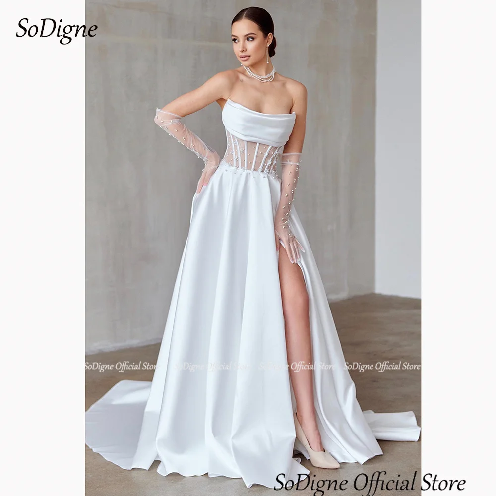 

SoDigne Simple Satin Wedding Dresses A-line Strapless Sleeveless Beading Bridal Dress 2024 Long Bride Gown vestidos de novia