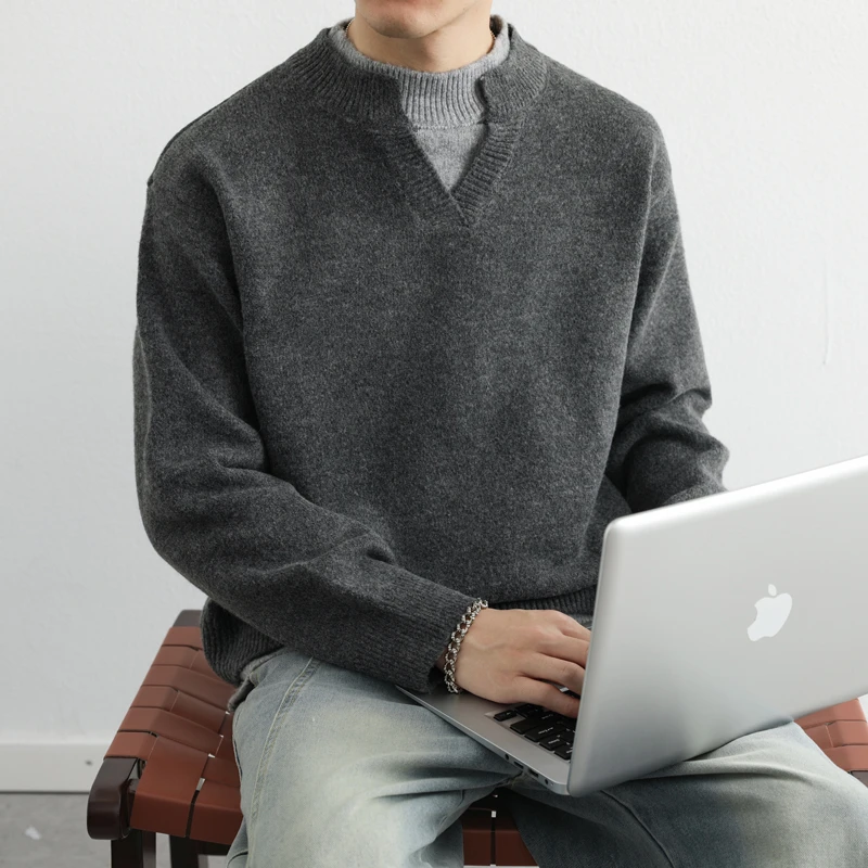 Popular Solid Color Fake Two-piece Pullover Sweater Winter Autumn New Arrival O Neck Contrast Color Knitted Men's Pullover