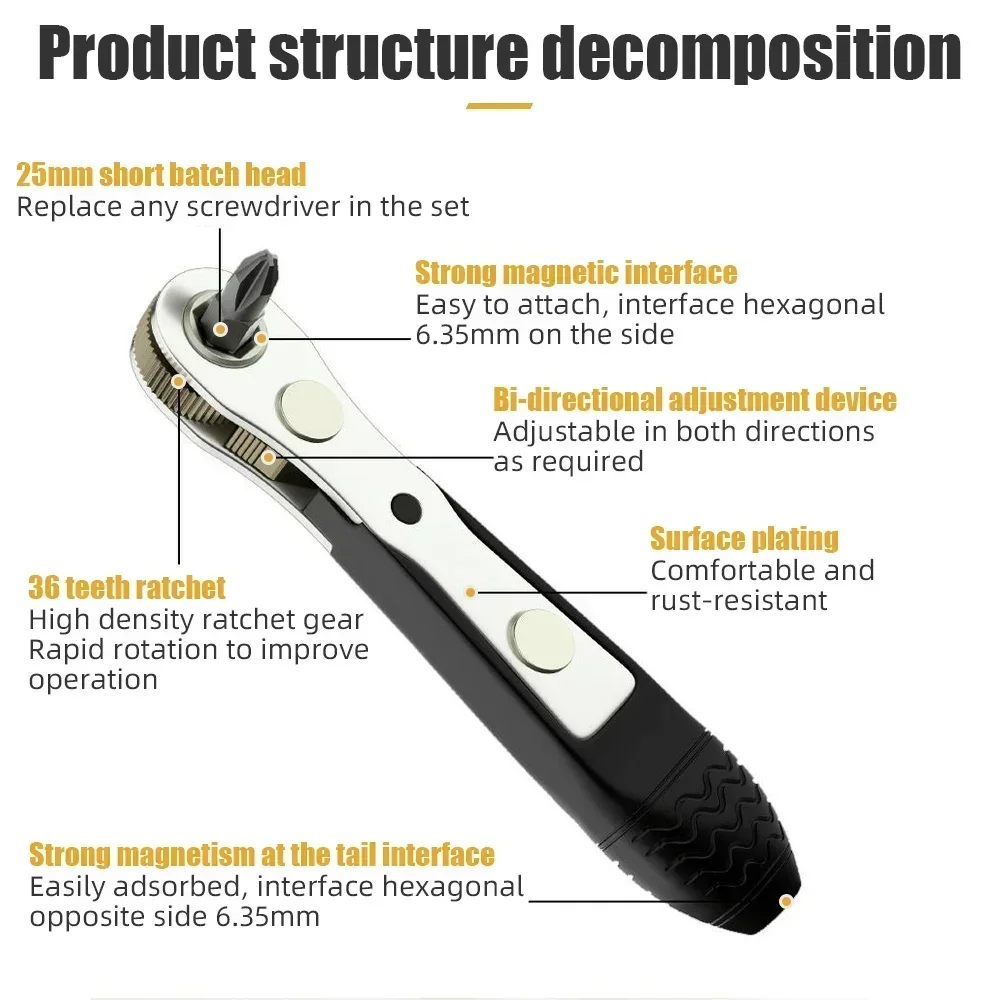 Mini destornillador de Llave de trinquete 1/4, herramienta de mano de reparación de mango de enchufe de liberación rápida ajustable hexagonal para