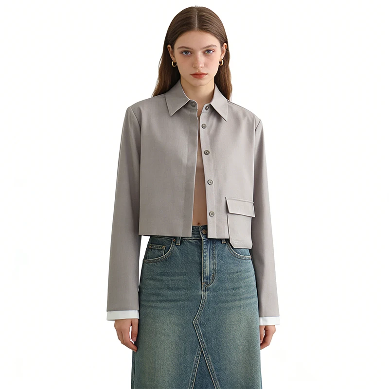 

Женская короткая серая блузка SLTNX с воротником-рубашкой, накладным карманом и контрастными манжетами, весенне-летняя повседневная блузка