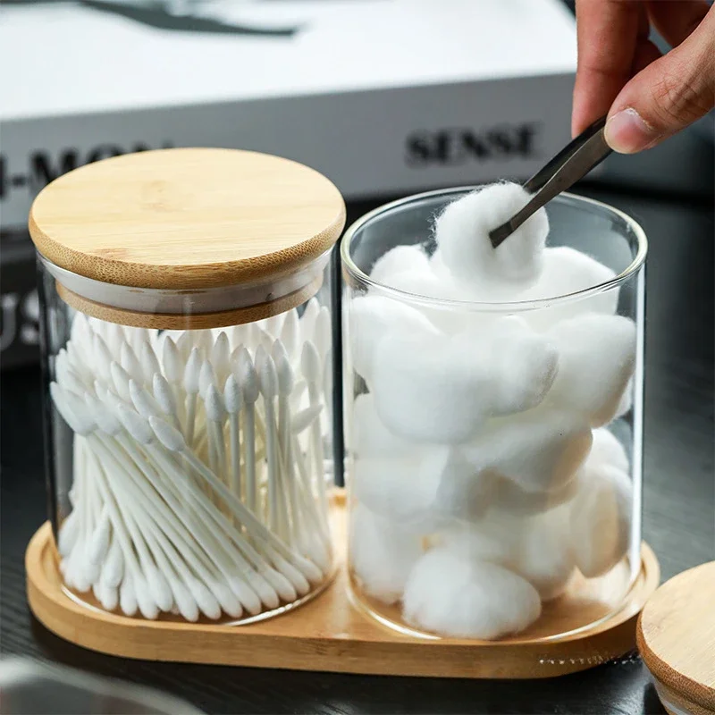 Modern Transparent Glass Jar Cotton Swab Box Bamboo Lid Sealed Seasoning Jar Multigrain Food Storage Container Kitchen Utensils