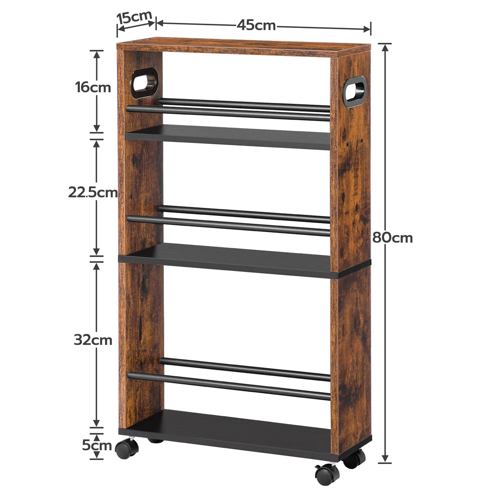 Hoebro-Carro de servicio estrecho, 45x15x80 cm, carro de cocina con 4 niveles, estante de cocina con ruedas giratorias de 360 ° y Raili