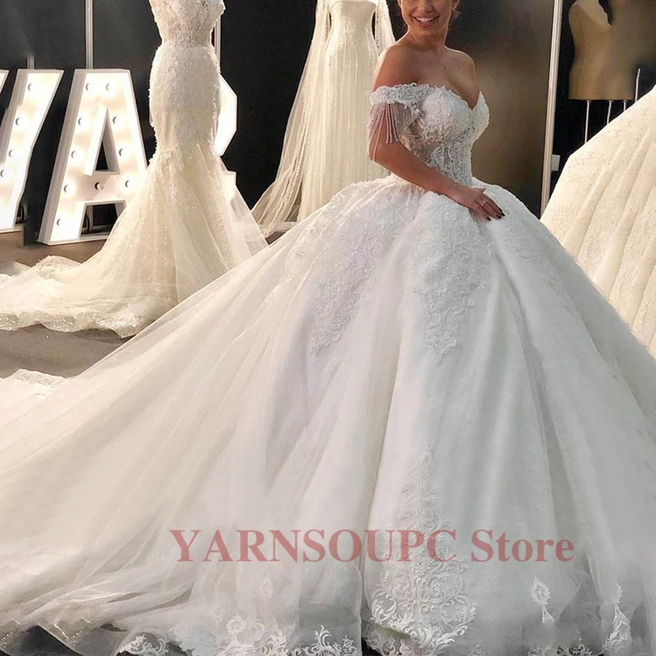 Vestido de novia de encaje con cuentas de lujo vestido de novia de TUL أنيقة فيستدو دي نوفيا هومبرو expuesto vestido de novi