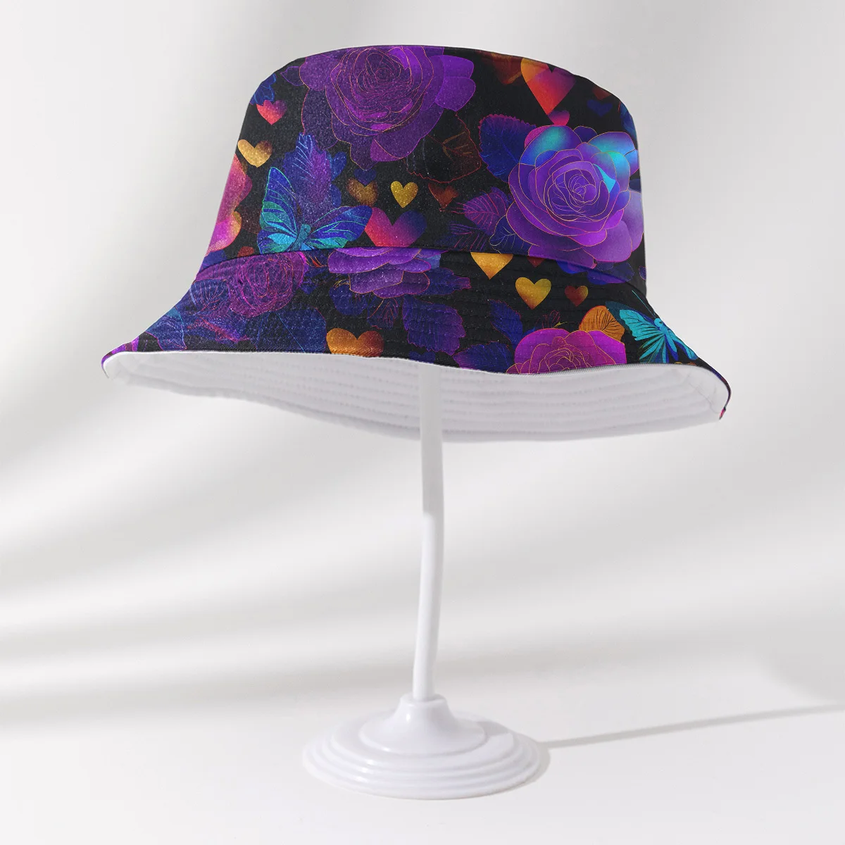 Neon Rose Heart Print Bucket Hat Unisex Summer Sun Hat UV Protection Casual Outdoor Romantic Aesthetic Fisherman Hat