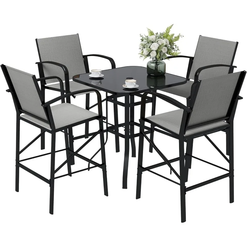 5 Pcs Patio Bar Set Textilene Fabric Chairs with Bar Height Table with Tempered Glass Top, All-Weather Outdoor Furniture for