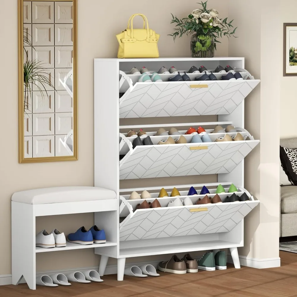 

Shoe Cabinet w/3 Flip Drawers, Shoe Storage Cabinet w/Bench for Entryway, Freestanding Narrow Hidden Shoe Rack Organizer