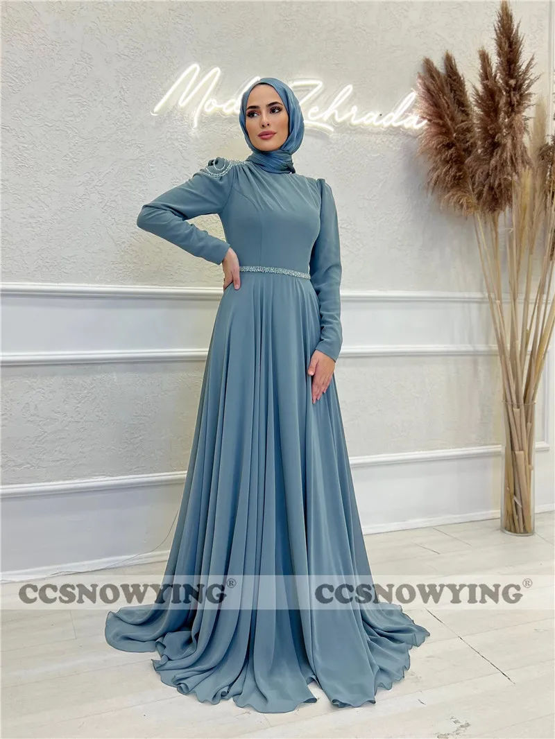 

Chiffon Beaded Hijab Muslim Evening Dress Long Sleeve Islamic Formal Party Gown A Line Women Arabic Kaftan Robe De Soiree