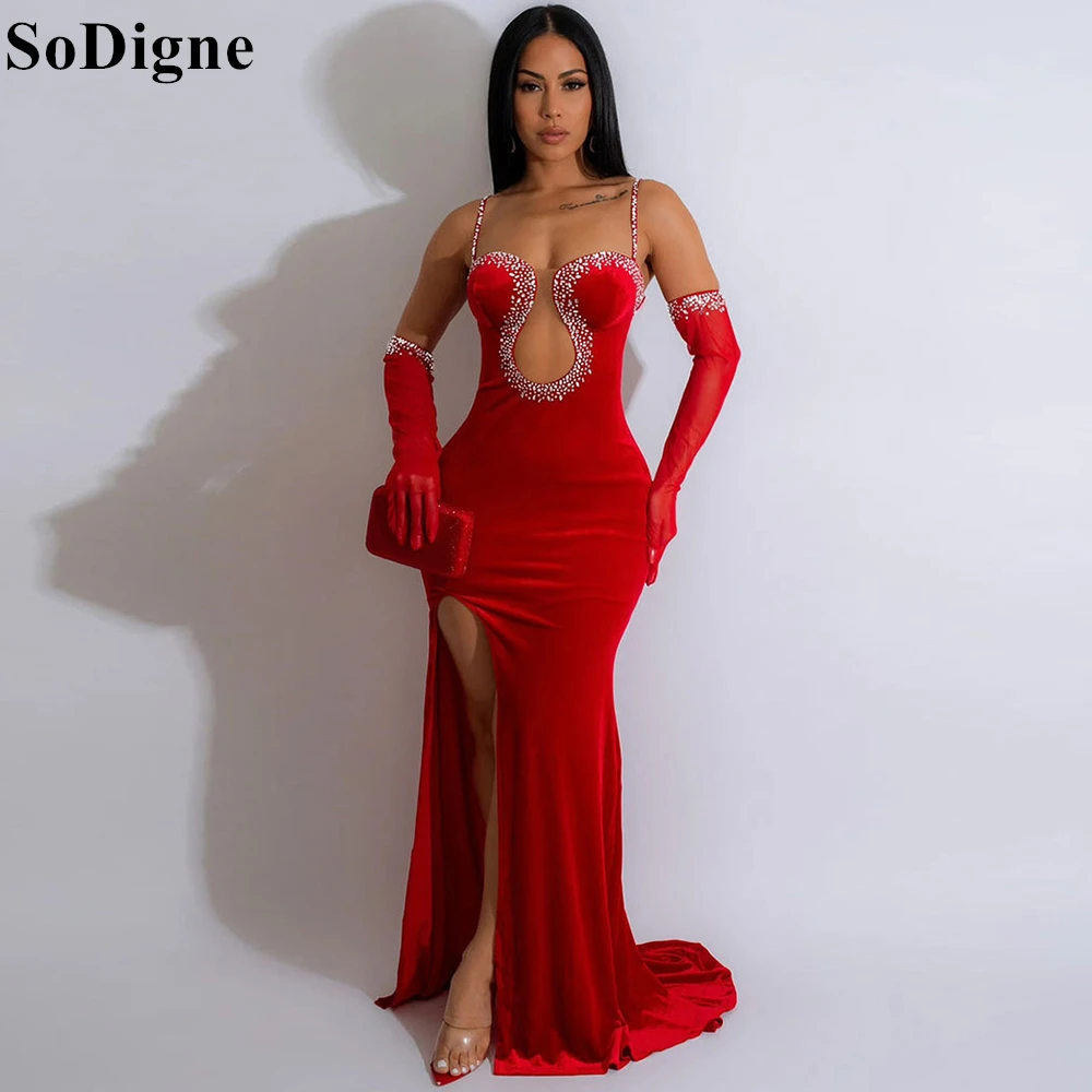 

SoDigne Sexy Red Velvet Evening Dresses Spaghetti Straps High Slit Beading Crystal Mermaid Party Dress 2024 Prom Gown Customized