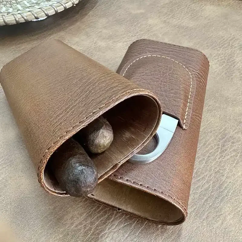 

Portable Durable Leather Case Holder 3 Cigar Case Tube Travel Brown Cigar Cedar Humidor With Cigar Cutter 118