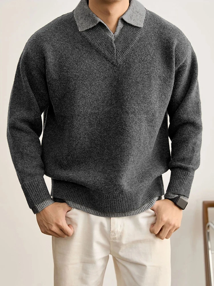 

Elegant Patchwork Knit Polo Sweaters Mens Autumn Winter Daily Casual Turn-down Collar Polo Shirt Men Knitting Sweater Old Money