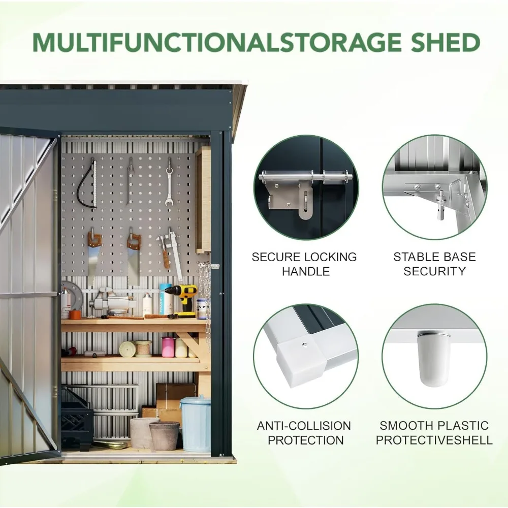 5x3FT แนวตั้งกลางแจ้งเหล็ก Storage Shed พร้อมกรอบพื้น,ประตูล็อค,โลหะขนาดกะทัดรัดเครื่องมือ Shed สําหรับ Garden, Backyard, Patio