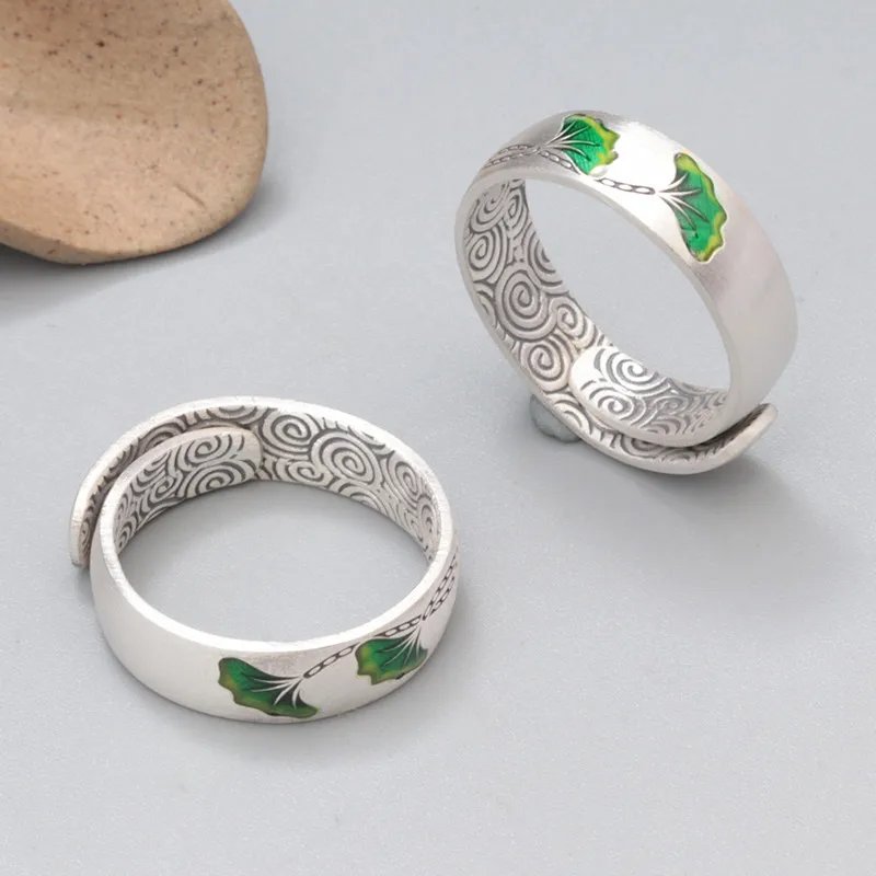 Sterling silver ring 999 silver drop glue craft ginkgo tree leaf ring retro open index finger ring