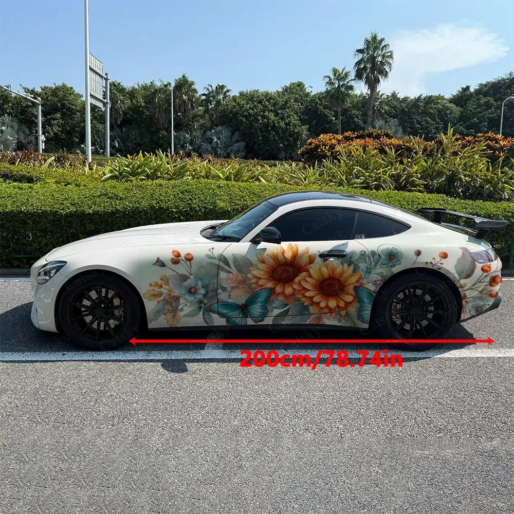 2pcs Floral Cluster Sheer Butterfly Car Side Wraps, Self-Adhesive PVC Waterproof & Scratch-Resistant Sticker, Car Accessory Gift