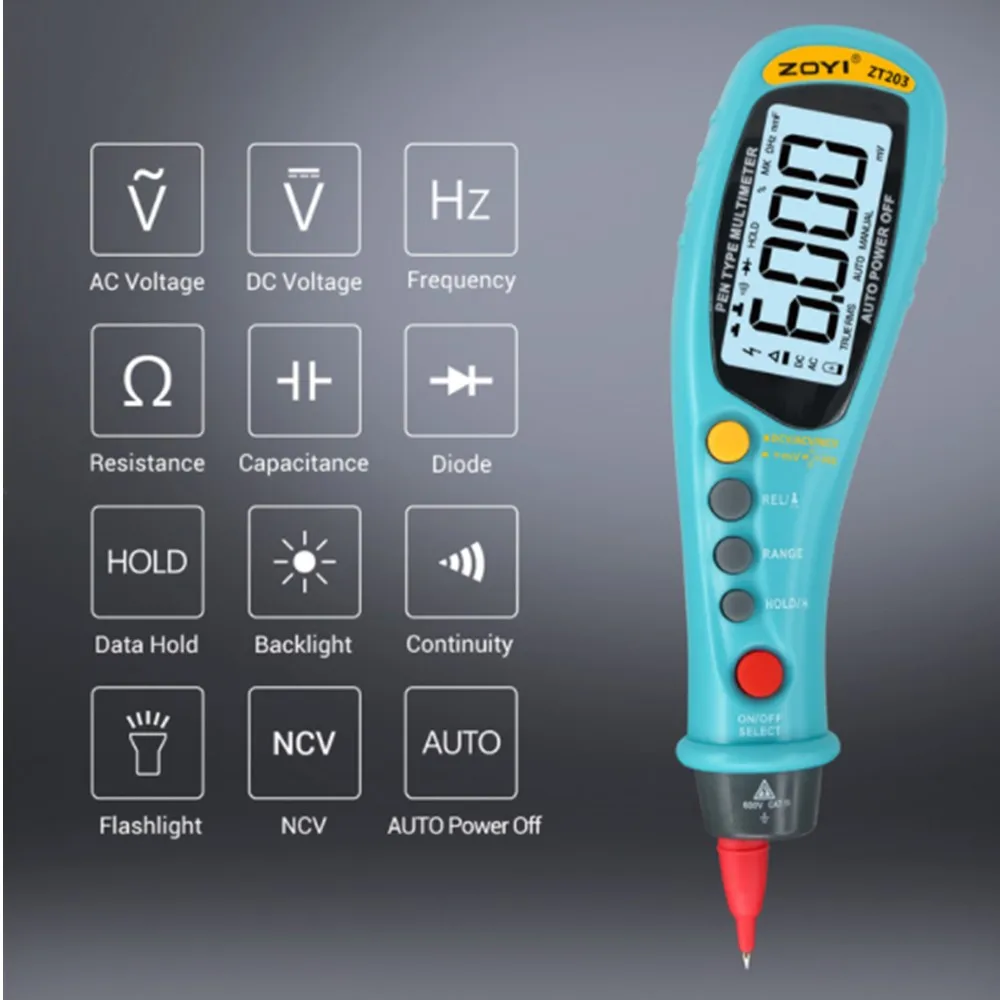 ZOYI ZT203 Digital Multimeter Pen Type Meter 6000 Counts with Non Contact AC/DC Voltage Resistance Capacitance Hz Tester Tool