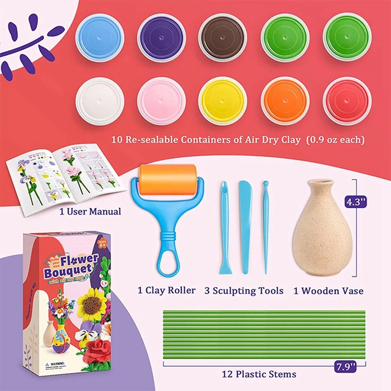 1Set Flower Bouquet Modeling Clay Kit Arts And Crafts Air Dry Clay For Girls Boys Ages 6+