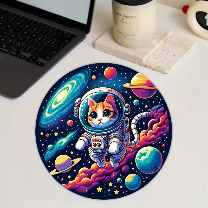 

Space cat-themed circular mousepad with colorful planetary patterns and anti-slip rubber base is suitable for office and home