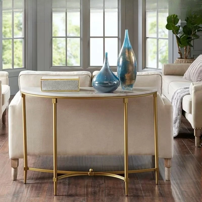 Nordic marble semi-circular console table, wrought iron foyer, narrow table, modern wall-backed sofa, back cabinet, desk, end