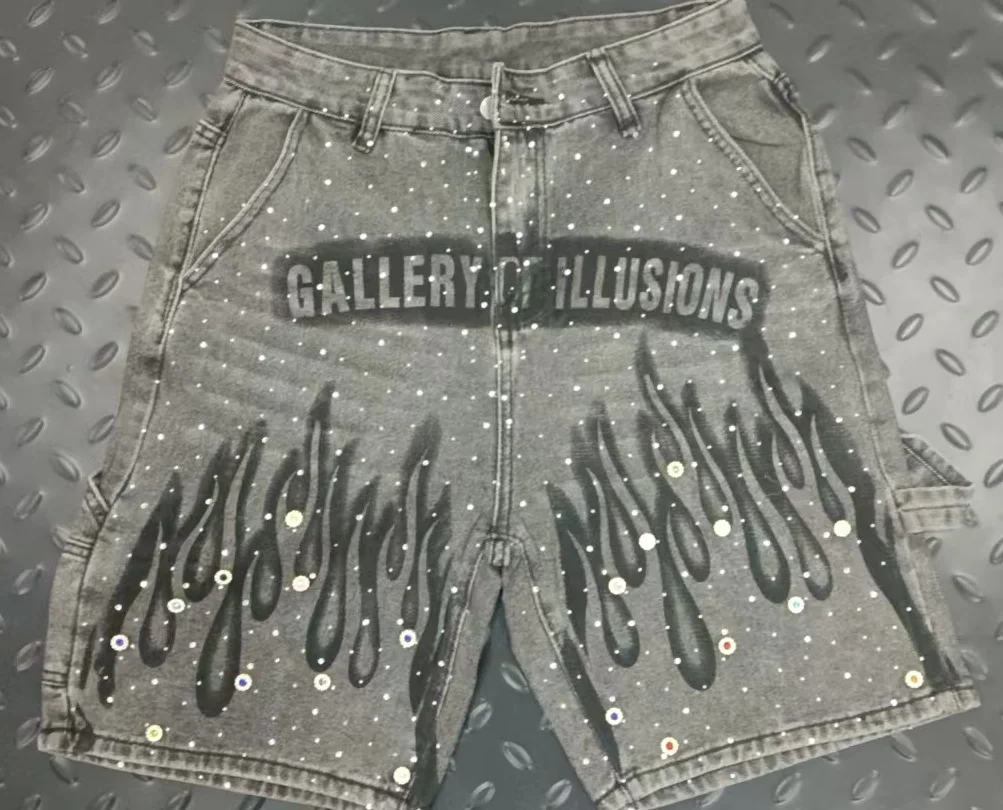 

Y2K Vintage Distressed Jeans Flame Pattern Rhinestone Decoration High Waist Denim Shorts Fashion Men Women Hip Hop Streetwear