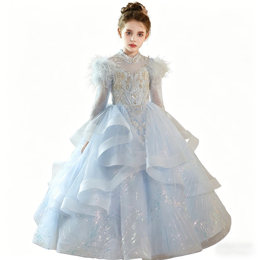 Luxury Feather Shoulder Elegant Pageant And Evening Layered Tulle Gown Kids Long Sleeve Birthday Party And Prom Dress For Girls