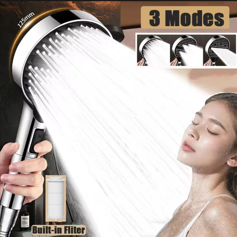 

3 Modes High Pressure Shower Head with Filter Adjustable Large Flow Shower Head with One-click Water Stop Bathroom Accessories