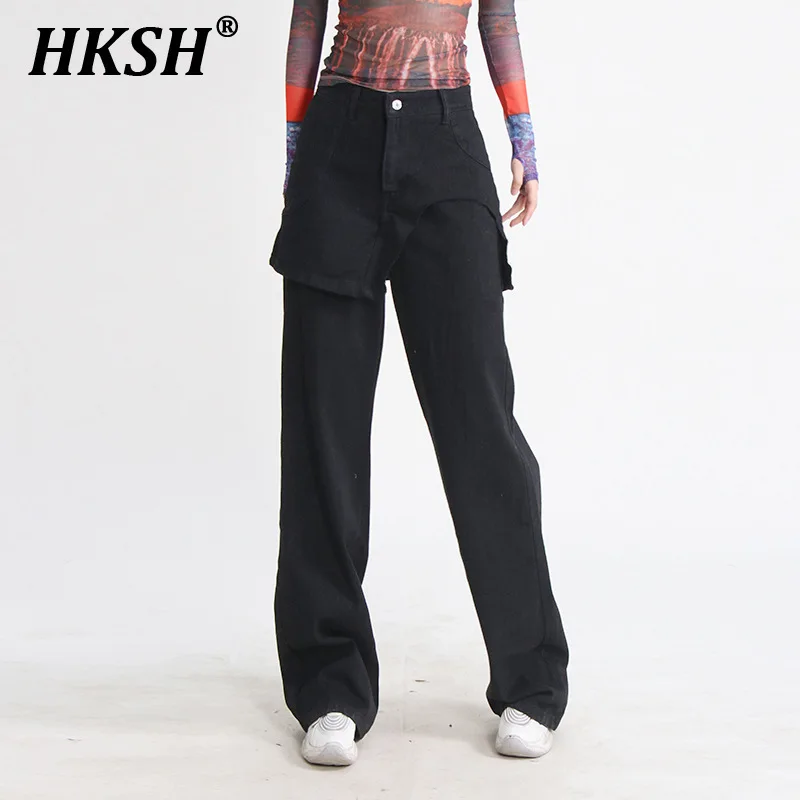 

HKSH Spring Summer New Women's Streetwear Fashion Irregular Fake Two-Piece Patchwork Dark Wide Leg Jeans Punk Denim Pants HK5648