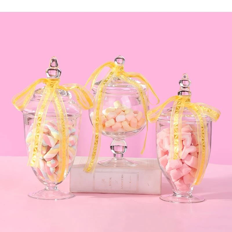 

Cute Ribbon Crystal Candy Pots Tea Caddy European Transparent Glass Jar Desk Decoration Minimalist Dessert Storage Jars with Lid