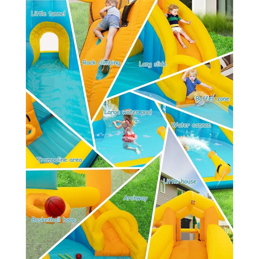 어린이용 에어 슬라이드, 대형 수영장과 긴 슬라이드가 있는 물놀이 공원, 등반 기능이 있는 에어 바운스 하우스