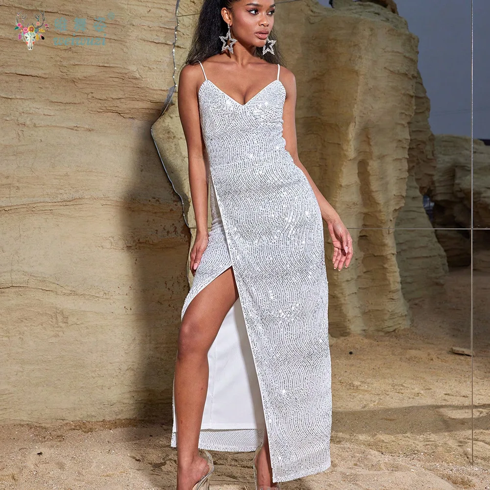 Sexy and Charming Summer New Hot Diamond Side Slit on The Leg Cocktail Party Evening Dress with Backless Suspender Long Dress