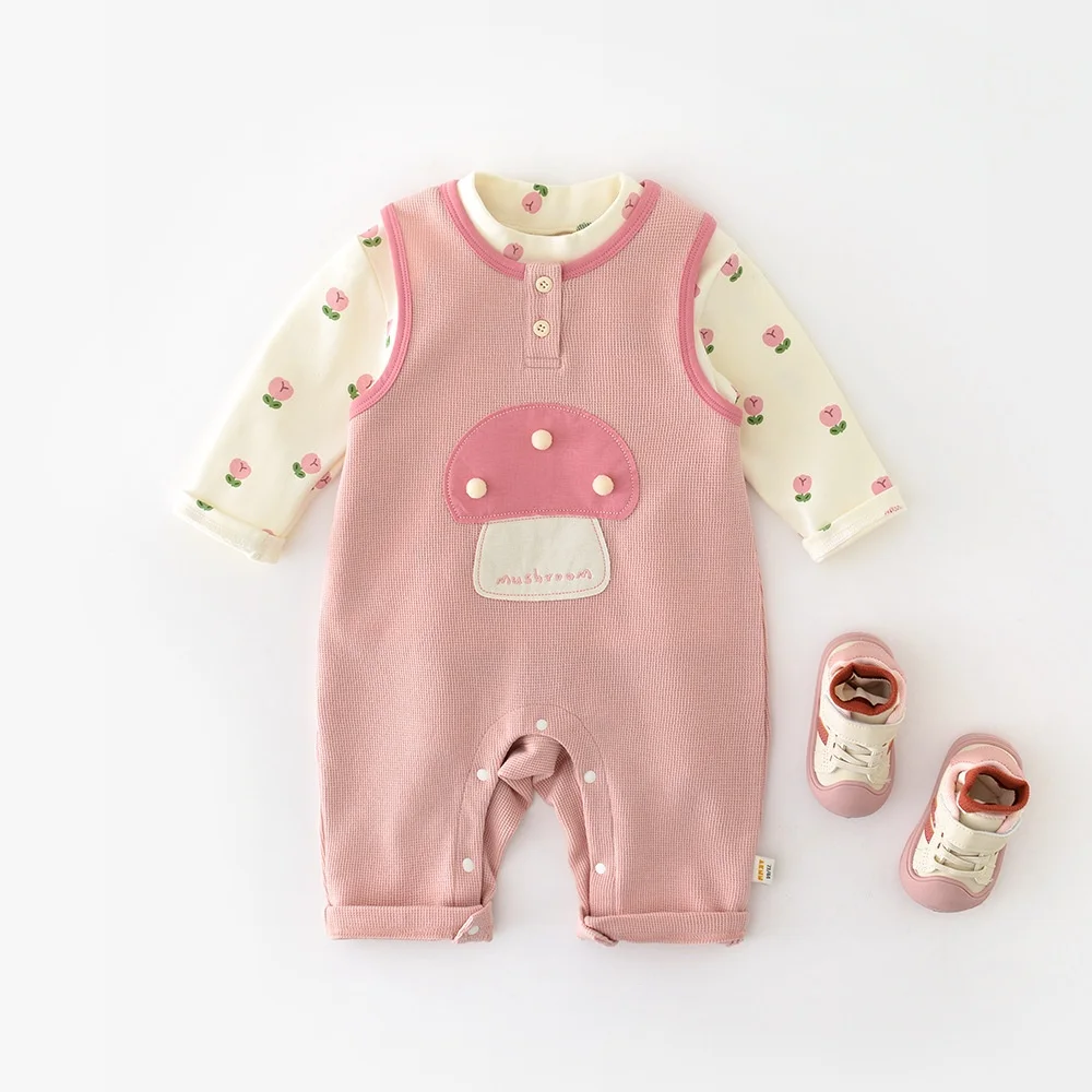 

2025 Autumn Toddler Cottagecore Set Mushroom Overall + Floral Long Sleeve 2-Piece Set Matching Outfit for 0-3Y Girls