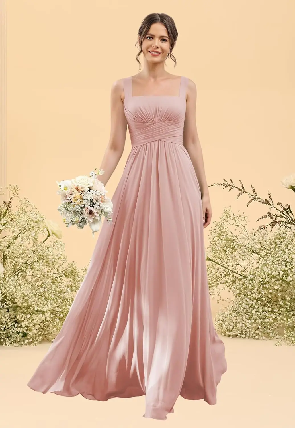 2025年 スクエアネック オフショルダー ブライズメイドドレス スリムなスパゲッティストラップ プリーツシフォン バックレスデザイン フォーマルウェディング用