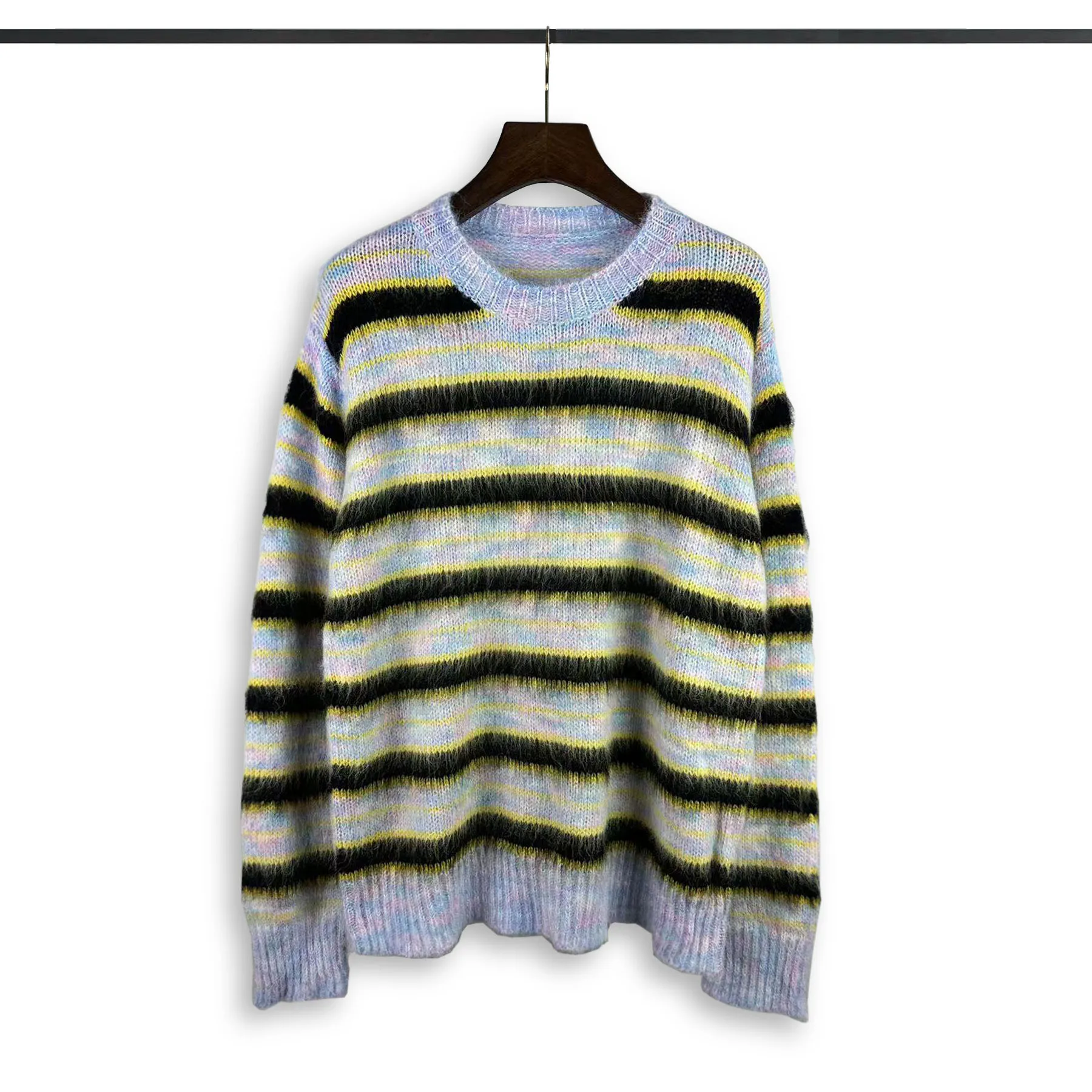 Korean Fashion Striped Patchwork Mohair Knitted Sweaters Retro Mens Oversized Knitwears Y2k Harajuku Female Round Neck Sweaters