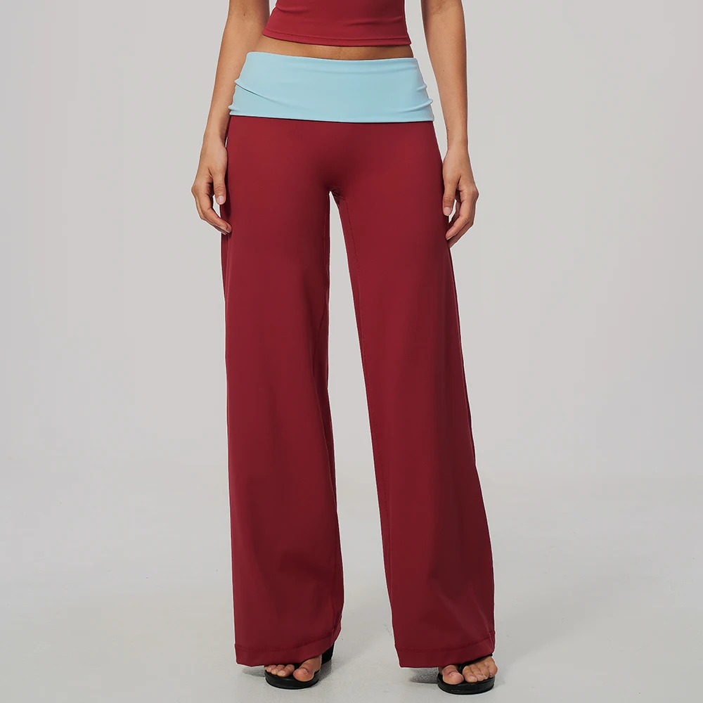 Yoga Bell Bottoms Womens Fitness Flare Pants Workout Gym Push Up High Waist Wide Leg Pants Colorblock Foldover Waist Trousers