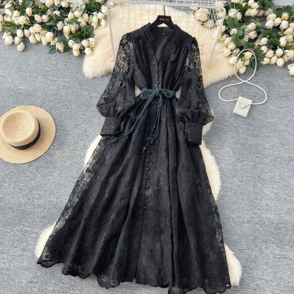 Elegant Embroidery Long Dress Women Spring Retro Lantern Sleeve V Neck Slim Fit Button Up Casual Party Office Outfits