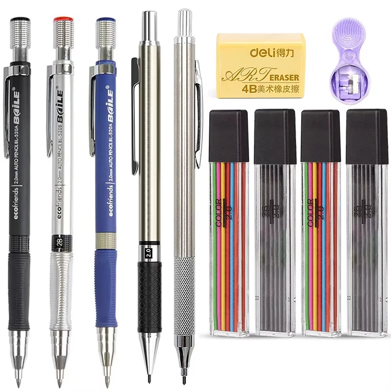 Druckbleistift-Set, 2 mm, Schreiner, Zeichnen, HB-Bleistiftstift, 2,0 mm, zum Zeichnen, Schreiben, Skizzieren, Kawaii, Schule, automatisches Zubehör