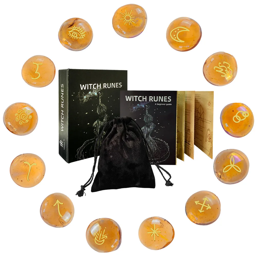 13 Pieces Witch Runes Set Glass Engraved Rune Stones Witchcraft Supplies, Wiccan Altar Decor, Spiritual Healing - view 5