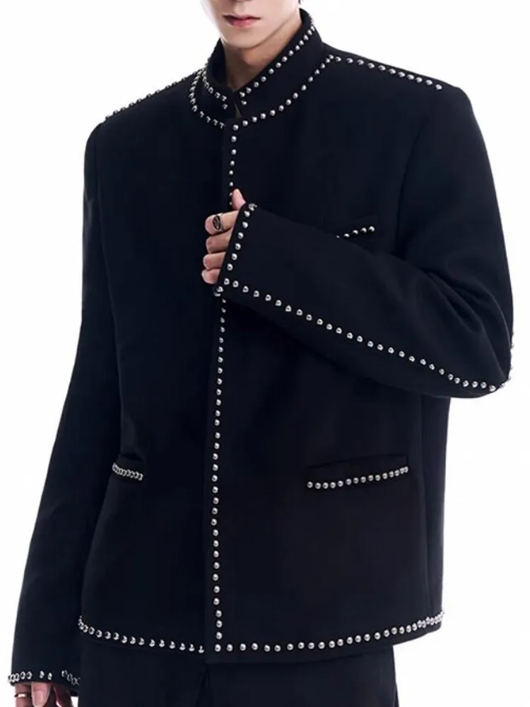 Vintage Men Stand Collar Rivets Studded Jacket Party Coat New Designer Fashion Autumn Outerwear Black Stage Show Slim Fit Jacket