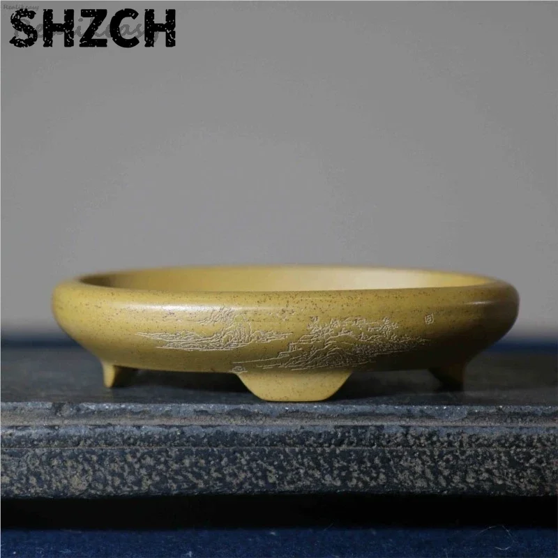 Yixing Purple Clay Oval Flower Pot Chinese Simple Handmade Bonsai Pot Home Desktop Decoration Engraved Antique Flower Pot LH840