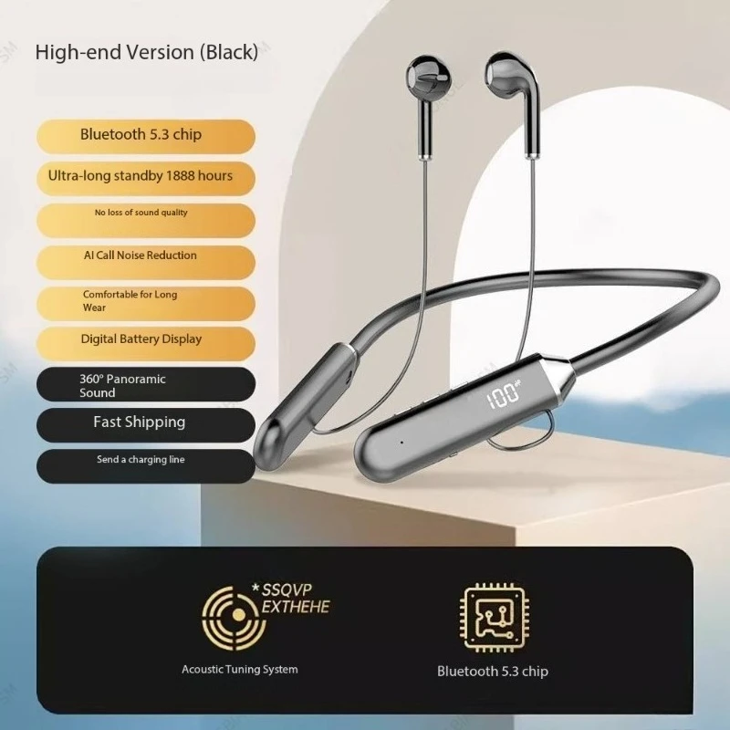 سماعات بلوتوث معلقة على الرقبة لاسلكية 5.3 جودة صوت ستيريو طويلة الاستعداد سماعة رأس للألعاب سماعات رياضية للحد من الضوضاء