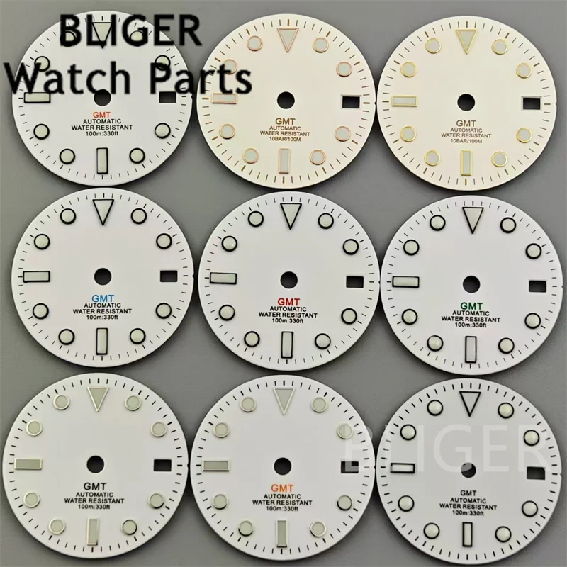 BLIGER 29mm Watch Dial Black White Blue Gray Dial Black Green Blue Red Orange GMT Mark Green Luminous Fit NH34 Movement