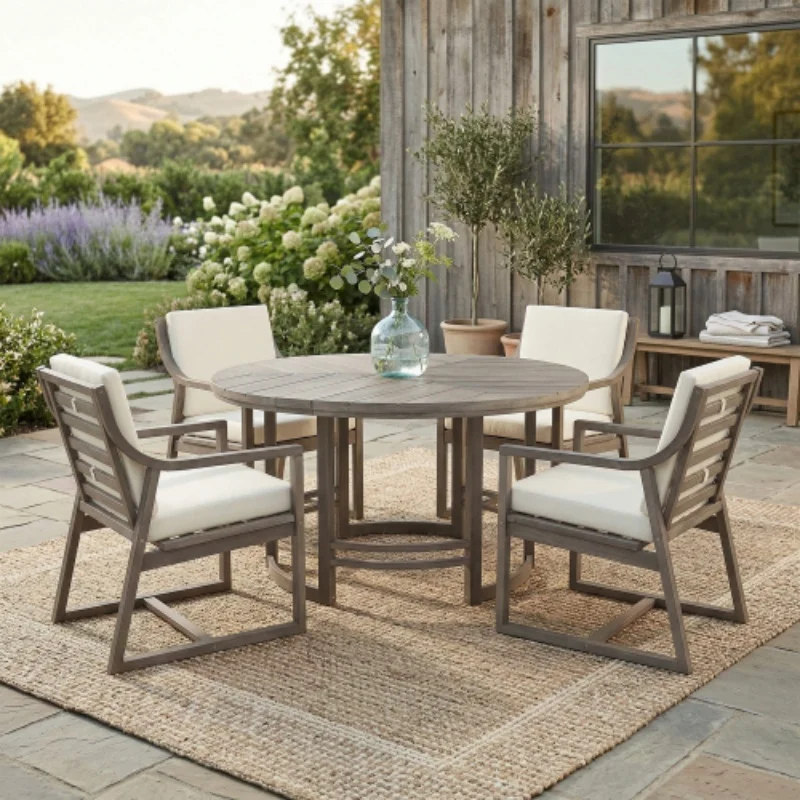 Modern Backyard Garden 5-Piece Dining Set Light Teak Wood Umbrella Hole Outdoor Furniture Set for Patio