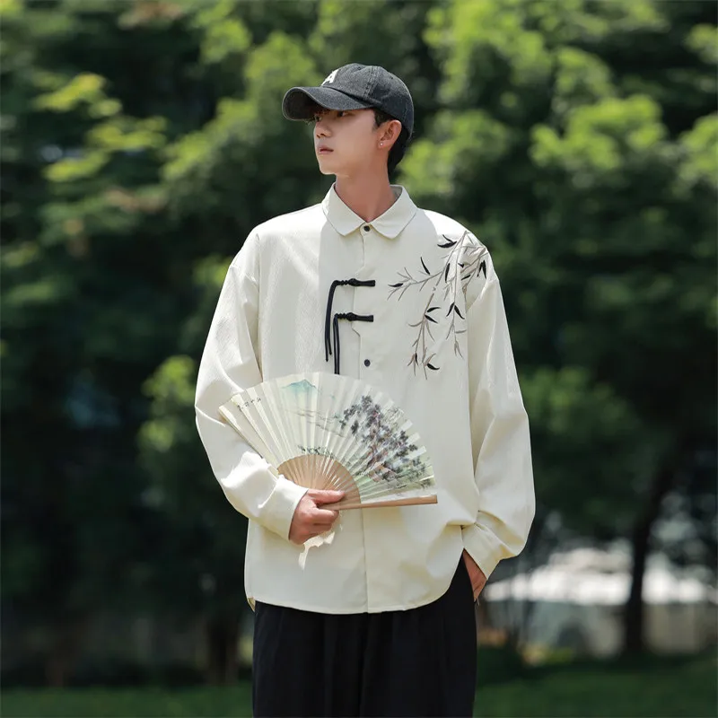 Men's New Chinese Style Shirt Long Sleeve Loose Fit Top with Bamboo Embroidery and Frog Buttons Streetwear Clothing