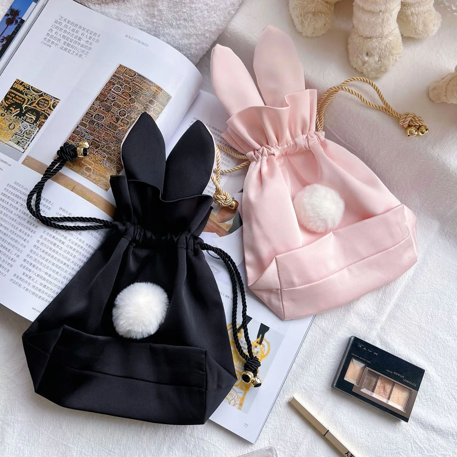 Japanese Sweet and Cute Rabbit Ear Shape Drawstring Bags Cosmetic Bag English Letter Embroidery Sundries Storage Bags for Women